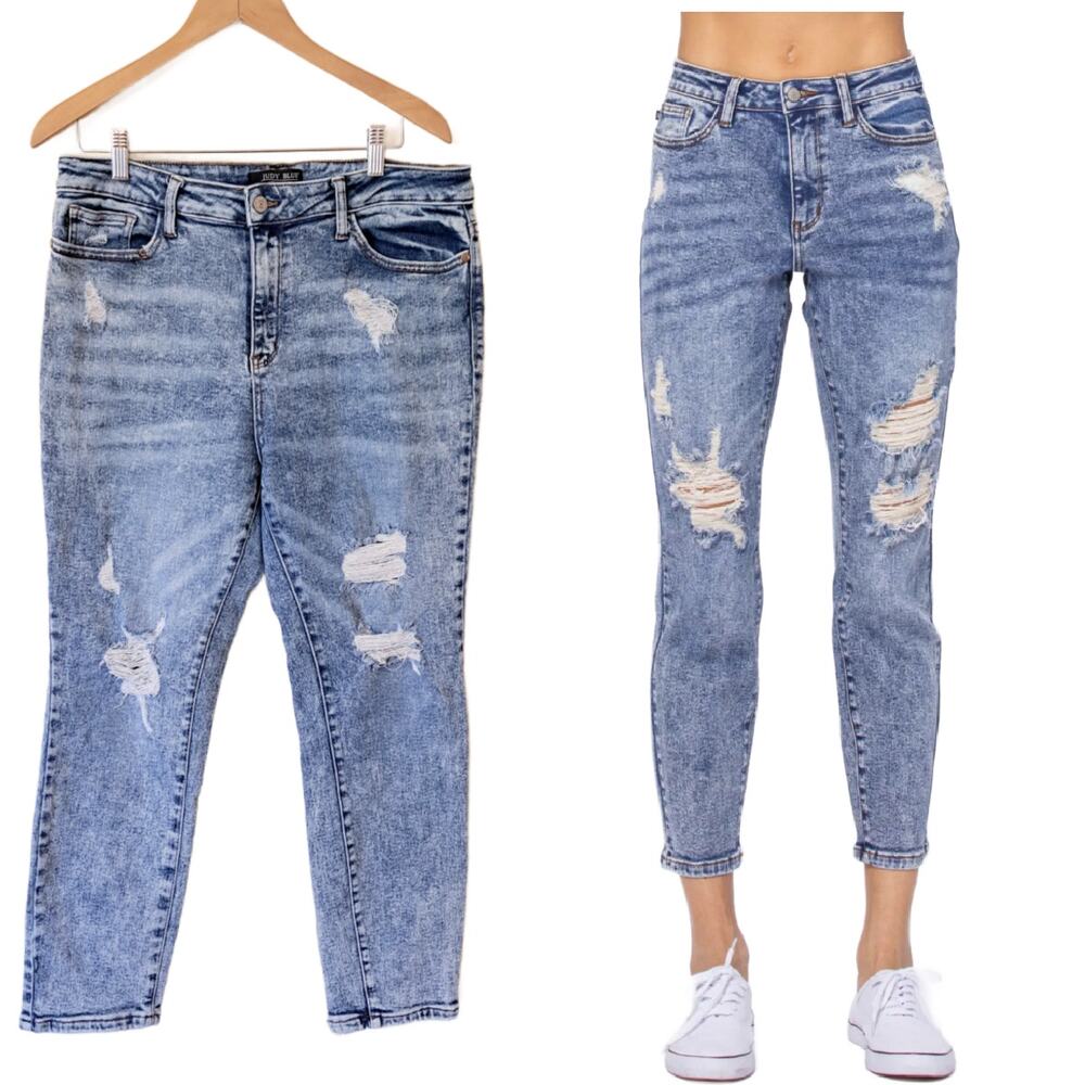 JUDY BLUE Destroyed Acid Wash Boyfriend Jeans Size 15 / 32 High Waist Ankle